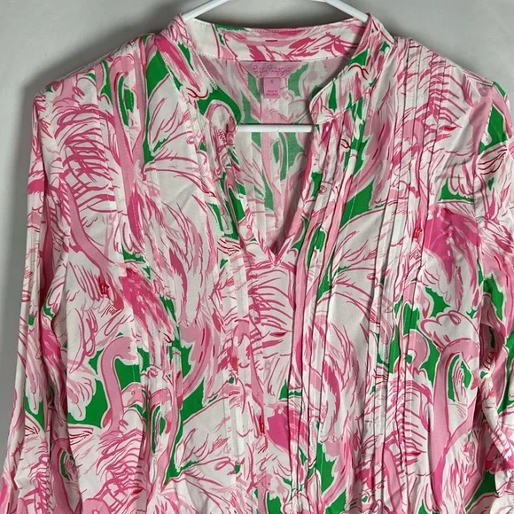 Lilly Pullitzer Pink Flamingo Sarasota Pintuck Tunic Shirt -Size Small - Picture 4 of 11